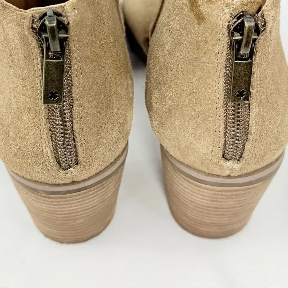 Lucky Brand KEIGHT Tan Suede Keyhole Open Toe Block Heel Ankle Sandal Bootie